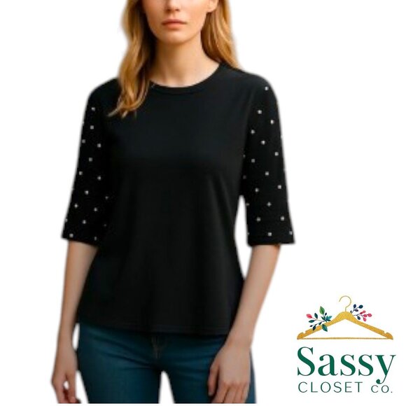 ANN TAYLOR Statement Blouse – Black with Pearls, Soft Stretch, M - Picture 1 of 5
